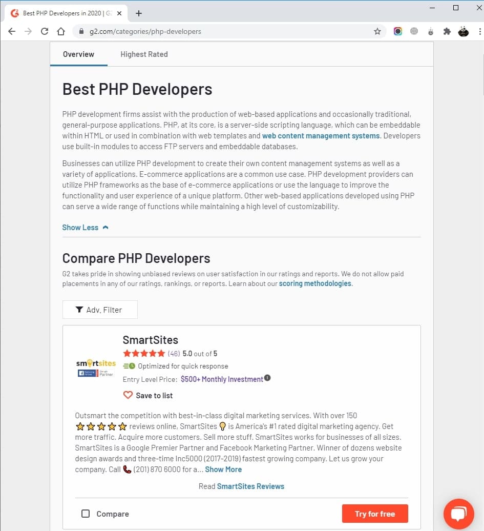 SmartSites Listed in Top PHP Development