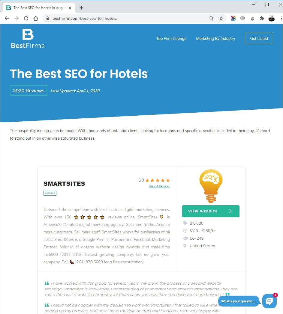 SmartSites Listed in Top Hotel SEO Service