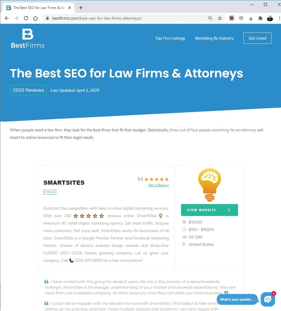 SmartSites Listed in Top Law Firm & Attorney SEO